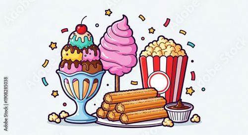 Colorful dessert assortment with ice cream churros popcorn and candy on a plate surrounded by confetti