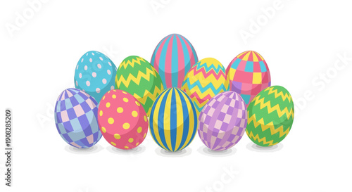A collection of vibrantly decorated Easter eggs with various patterns and colors, perfect for festive celebrations and spring-themed designs