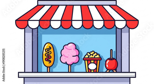 Colorful cartoon snack stand with corn dog cotton candy popcorn and candy apple on display