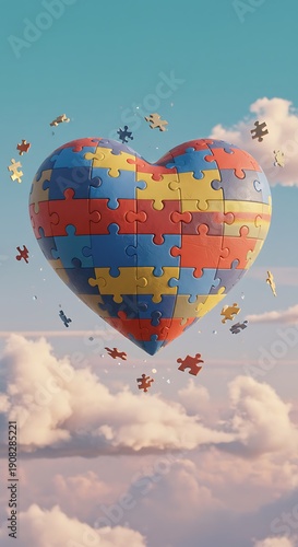 Puzzle Heart: Surreal 3D Render in the Sky