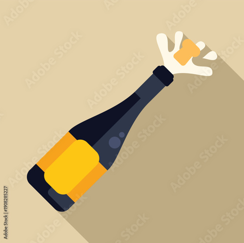 Champagne bottle with label opening, cork flying, and white foam spraying