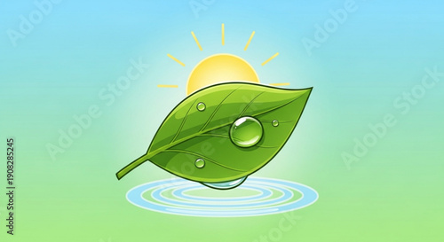 A vibrant green leaf with dew drops floats on water with sun shining through a serene blue and green gradient background