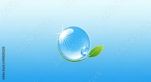 Large transparent water drop with green leaf on blue gradient background symbolizing freshness and purity in a natural setting