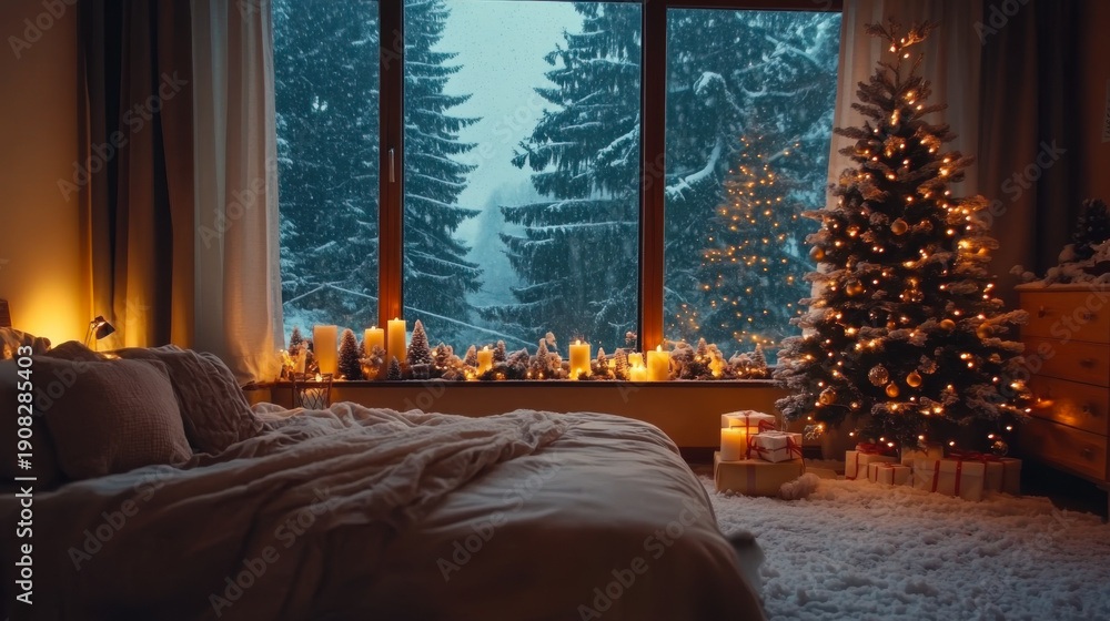 custom made wallpaper toronto digitalCozy bedroom with a bed by window with Christmas