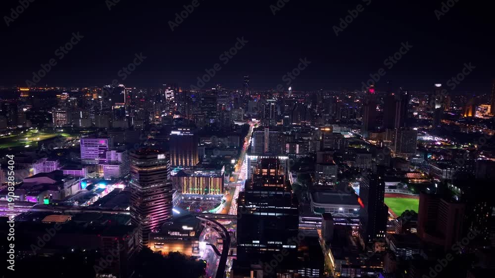 custom made wallpaper toronto digitalAerial view Thailand, Night cityscape of Bangkok with modern skyscrapers and road traffic.