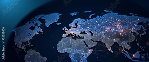 Illuminated global map with flickering city lights, slow camera pan across continents, showcasing digital connectivity, technological growth, and global networks in a cinematic style.
