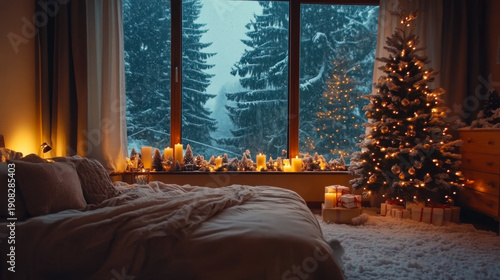 Wallpaper Mural Cozy bedroom with a bed by window with Christmas Torontodigital.ca
