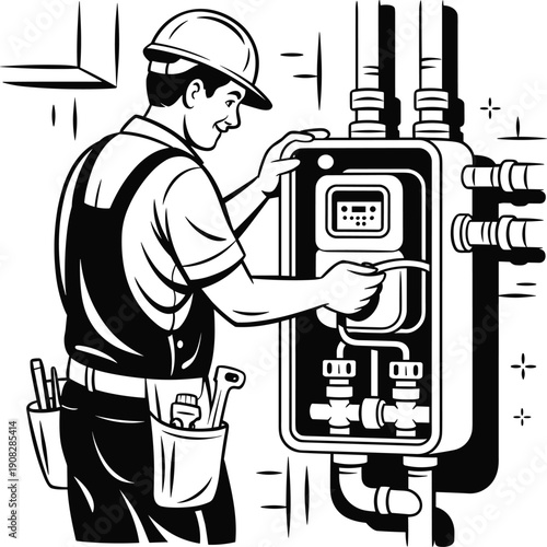 Electrician worker silhouette repairing control panel, electrical maintenance service, tools equipment, industrial technician, black figure, white background illustration