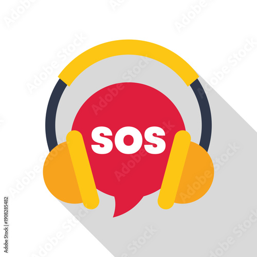 Headphones covering a speech bubble displaying an sos message, symbolizing emergency help or support