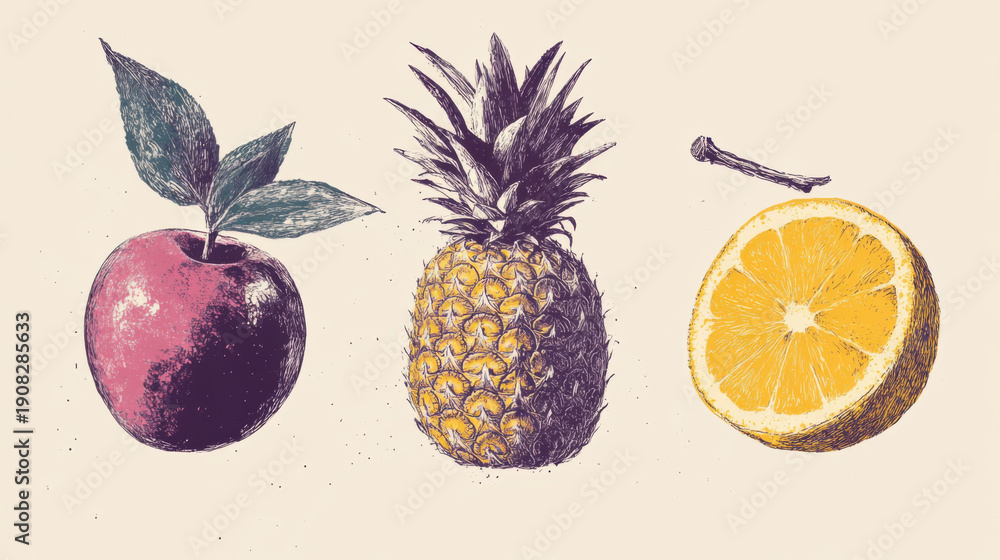 custom made wallpaper toronto digitalHand drawn ink sketch and watercolor stain fruits seamless pattern.