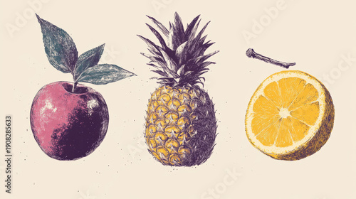 Wallpaper Mural Hand drawn ink sketch and watercolor stain fruits seamless pattern. Torontodigital.ca