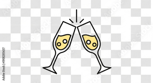 Two champagne glasses clinking together in celebration with yellow liquid and black outlines on a transparent background