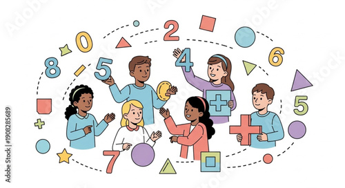 Family with Children Playing with Numbers Shapes.