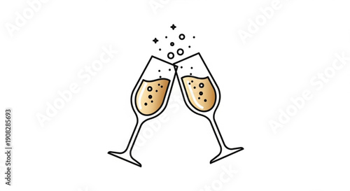 Two champagne glasses clinking together with bubbly drink and festive sparks flying up