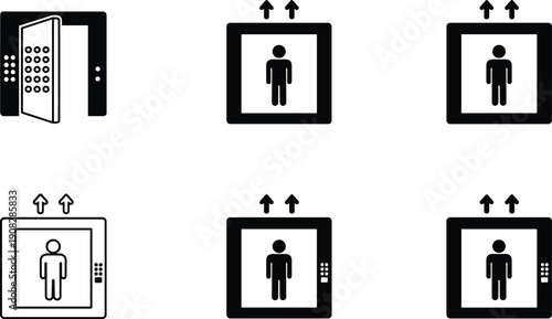 Elevator lift icons with passenger symbols building transportation interface vector illustration collection up and down indicators