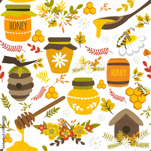 Honey Bee Overlay Collection with Jars, Honeycombs, Bees, Flowers, Beehive, and Wooden Bee House in Vibrant Yellow-Orange Theme