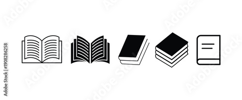Book Icon Overlay Collection with Open and Closed Books, Stacked Volumes, and Stylized Covers in Black and White