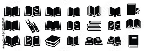 Book Icon Overlay Collection with 20 Black and White Designs Featuring Open Books, Closed Books, Stacked Volumes, and Stylized Pages