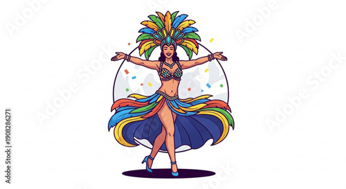 Vibrant carnival dancer in colorful costume with feathered headdress and confetti