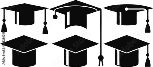Graduation Cap Icon Overlay Collection with Black Silhouette Mortarboards and Tassel Variations Symbolizing Academic Achievement