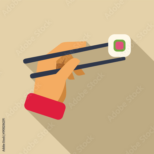 Hand holding a sushi roll with chopsticks, depicting asian food and eating