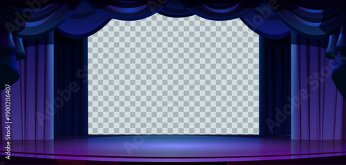 Theater Stage Overlay Collection with Dark Blue Curtains, Draped Valances, Illuminated Purple-Blue Floor, and Transparent Background for Performance Themes