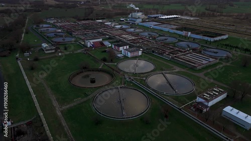 Drone view of wastewater treatment facility environmental infrastructure concept