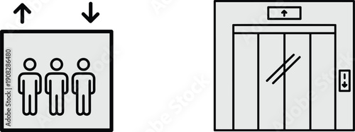 Elevator lift with passengers icons building transportation system vector illustration set up and down direction symbols