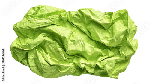 Crumpled green paper ball forming a textured surface with many wrinkles and creases, symbolizing recycling, stress, or a discarded idea, presented on a transparent background