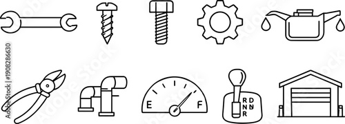 Collection of automotive and repair icons in a clean, minimalist line art style