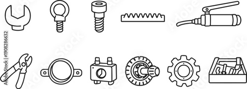 Collection of mechanical parts and tools in a simple line art style