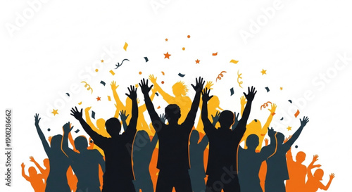 Silhouettes of people celebrating with raised arms and confetti on white background joyful crowd in festive atmosphere with colorful debris