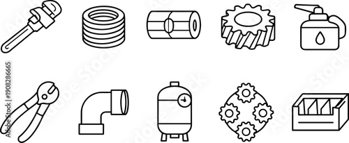 Collection of industrial and mechanical components and tools in a simple line art style