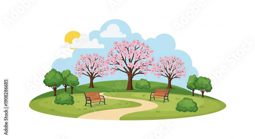 Serene park scene with blooming cherry blossom trees winding path benches and lush greenery under sunny sky