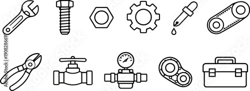 Collection of industrial and mechanical engineering icons in a clean line art style