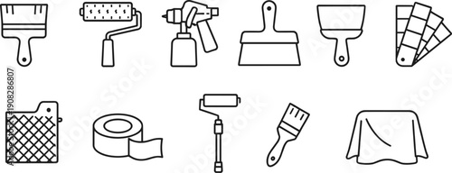 Collection of line art icons representing various painting and decorating tools and supplies
