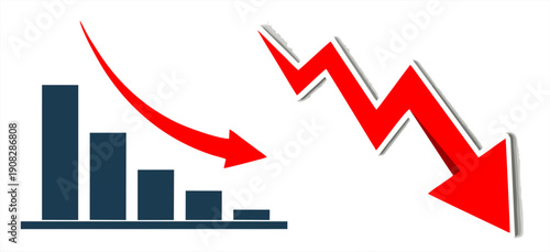 Economic crisis concept with falling red arrows and declining bar chart, symbol for financial loss