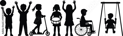 Children silhouette set playing outdoor games, kids with ball, scooter, drum, wheelchair and swing, black vector illustration collection isolated on white background