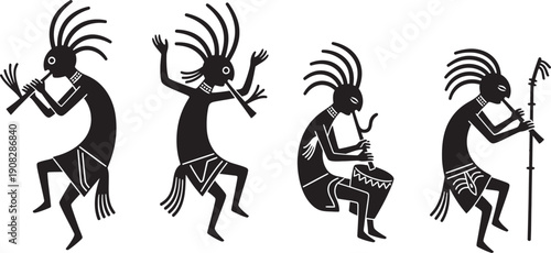 Four kokopelli figures in various dance poses isolated on transparent background