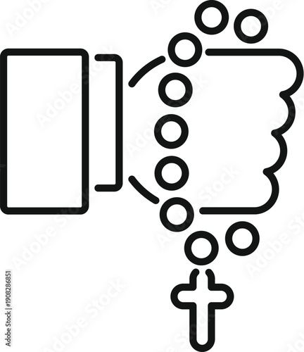 Hand holding a rosary with cross icon representing prayer and religious faith