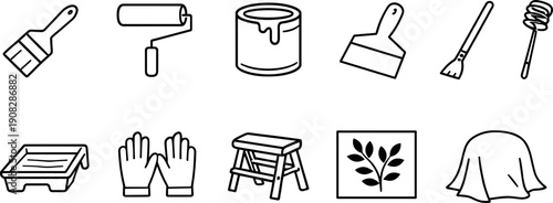 Collection of simple line art icons representing home renovation and painting tools