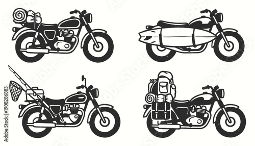 Hand Drawn Vintage Motorbike Icons for Outdoor Hobbies