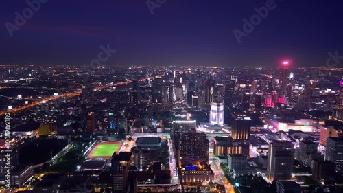 Wallpaper Mural Night cityscape with modern skyscrapers and road traffic Bangkok Thailand, Aerial view. Torontodigital.ca
