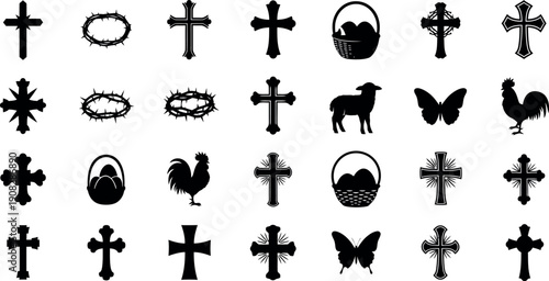 Collection of various crosses and animal silhouettes isolated on transparent background
