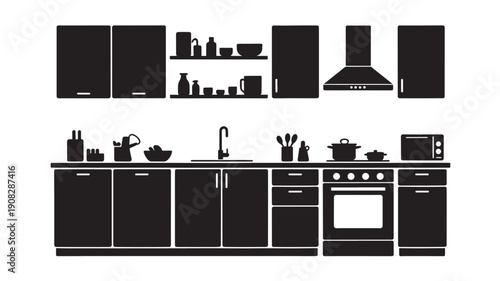 Modern Kitchen Silhouette with Minimalist Design in Black and White for Home Decor Illustration