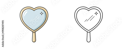 Heart shaped hand mirror in cartoon and line art styles with beige frame and light blue reflective surface used for beauty routines and vanity decor on white background