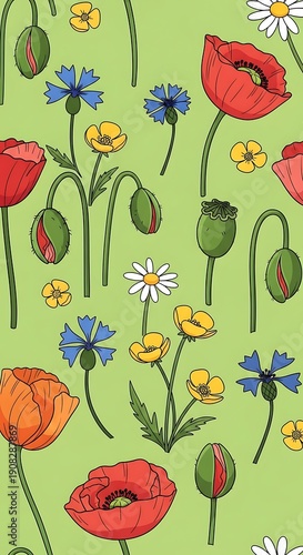 Whimsical Wildflower Pattern: Hand-drawn Botanic Illustration on Green