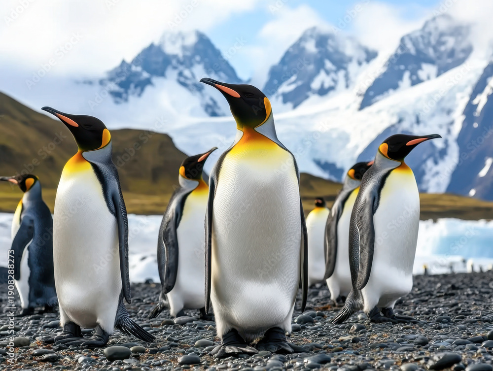 custom made wallpaper toronto digitalGroup of King Penguins standing in front of mountain background