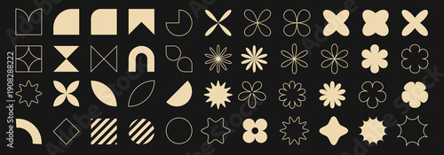 Abstract Geometric Floral Motif Overlay Collection with 40 Beige Shapes Featuring Symmetrical Petals, Stars, and Curved Segments on Black Background