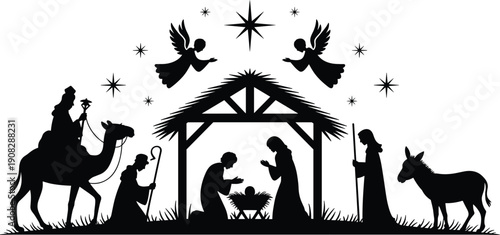 Christmas nativity silhouette scene with Mary Joseph and baby Jesus in manger, angels and star, shepherds wise men camel donkey, religious vector